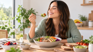Mujer disfrutando una comida saludable y equilibrada con verduras, cereales y alimentos frescos
