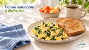 Desayuno saludable de huevos revueltos con espinacas, pan integral tostado, fruta fresca y café - Dany Estefan Nutri